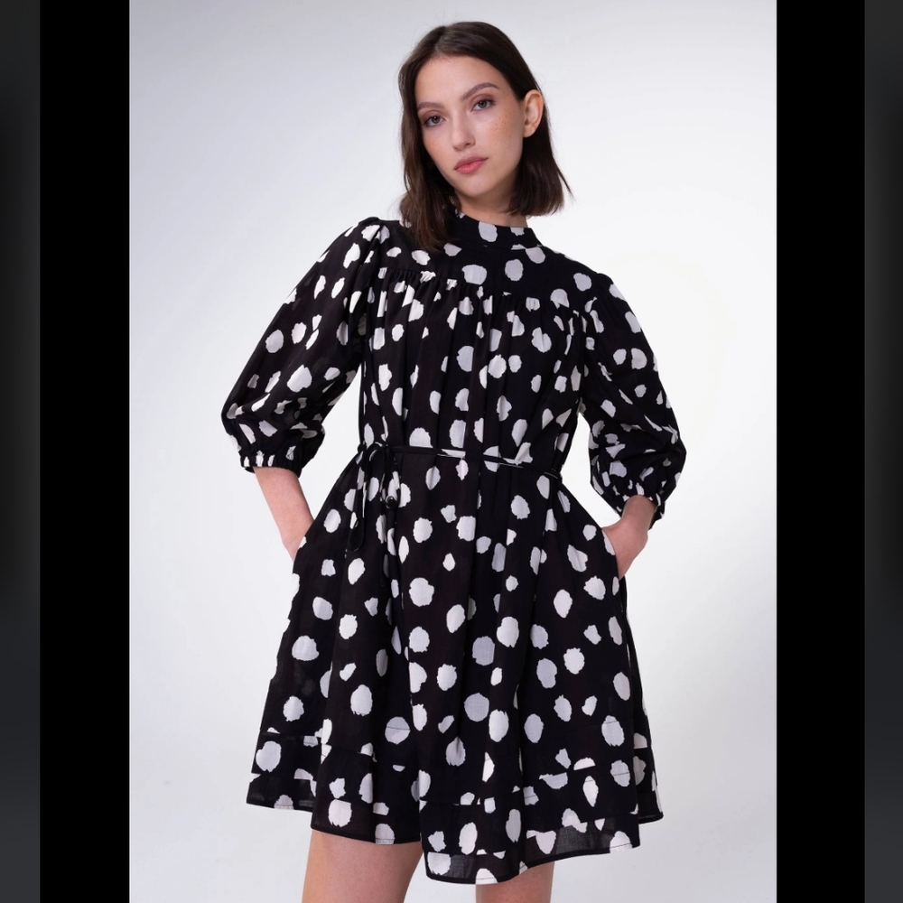 NWT ALIGNE Black & White Glossy Monk Spot Organic Cotton Dress Balloon Sleeves